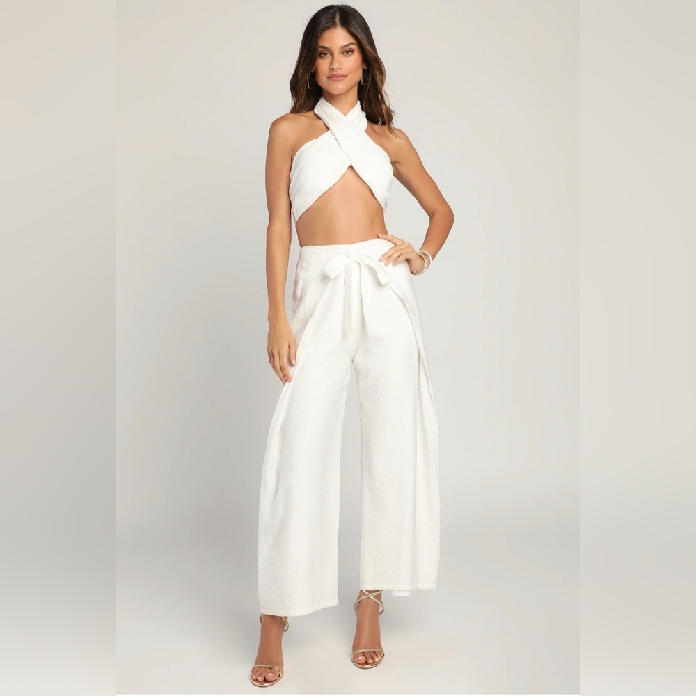 Lulus Ivory Cross-Front Wrap Crop Top and Tie-Front Cropped Wide-Leg Pants